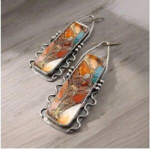 Retro Bohemian Style Geometric Dangle Earrings With Colorful Pattern, Birthday